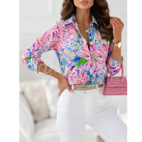 Floral Print Button Down Shirt Top Long Sleeve Collared Pink Blue Multicolor - Picture 4 of 8